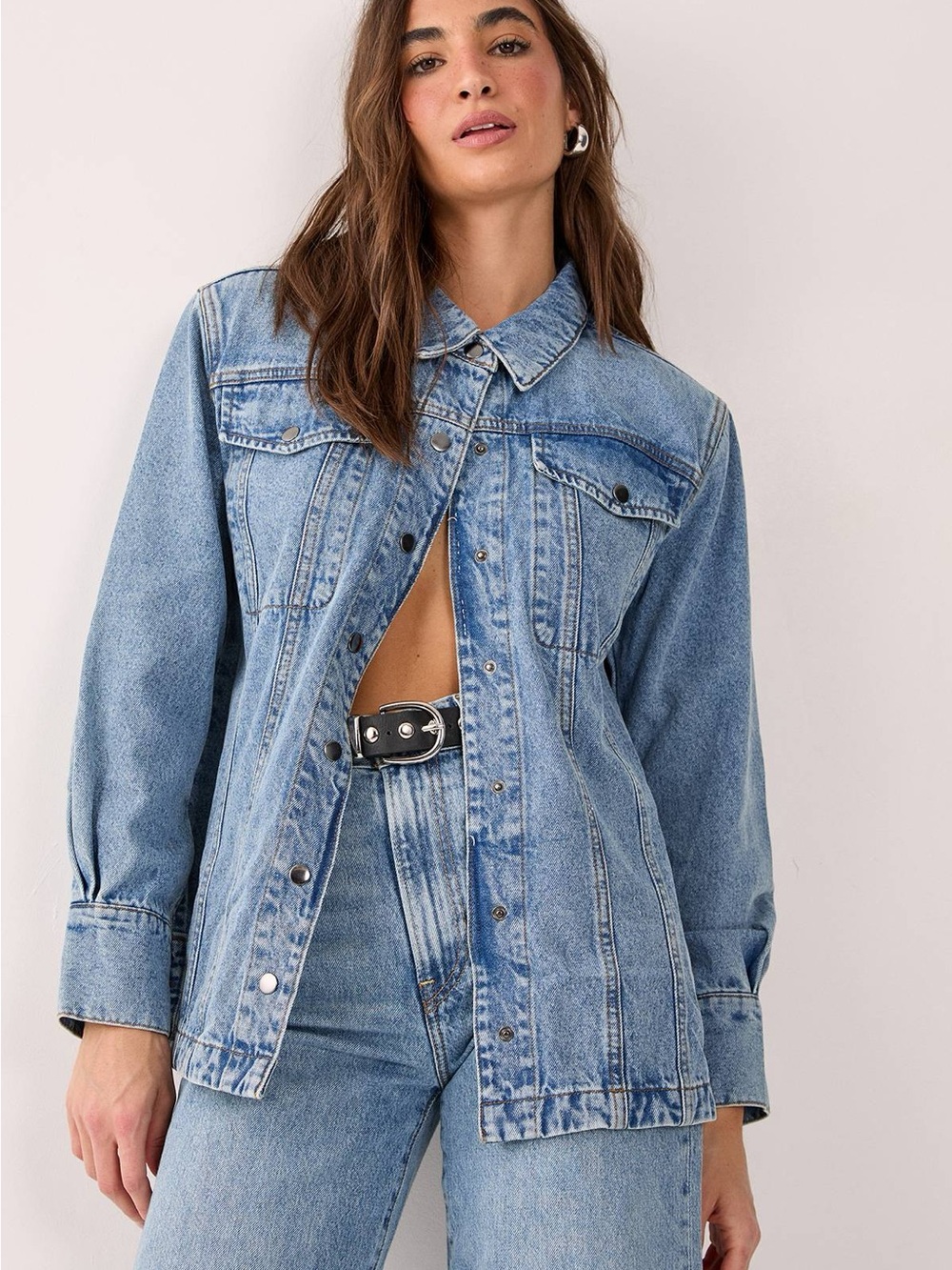 Nasty Gal Denim Shoulder Pad Shirt Vintage Blue US 6